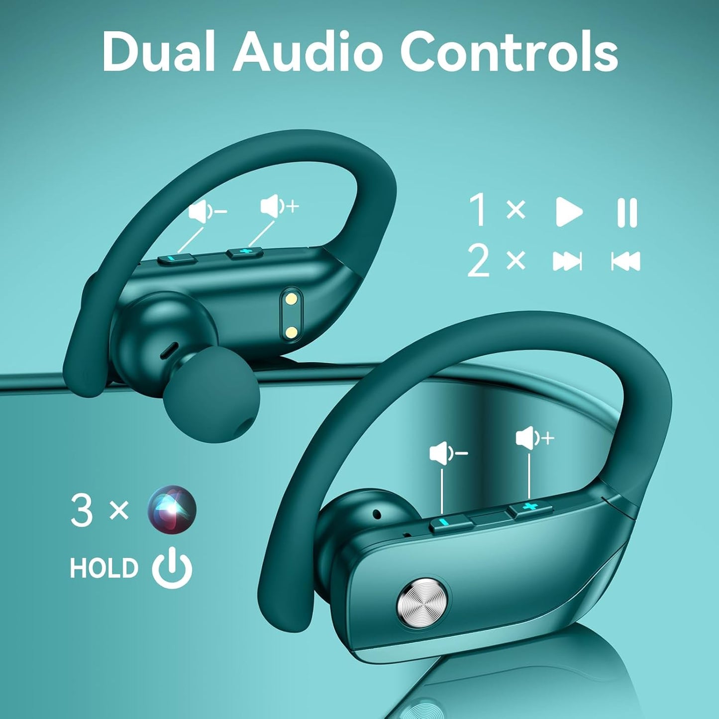 Wireless Sport Earbuds with LED Display – Bluetooth Headphones w/48H Playtime, Over-Ear Hooks, Built-In Mic, Waterproof Workout Headset – Green