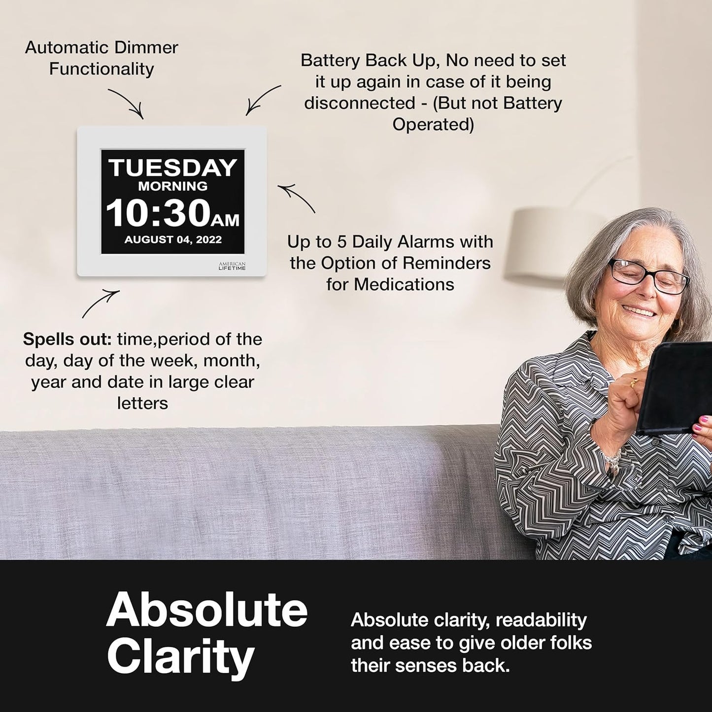 Robin Clarity Clock 2024 – Smart Digital Day & Time Display with Custom Reminders, Alarms & Calendar Alerts for Home, Office & Seniors (White))