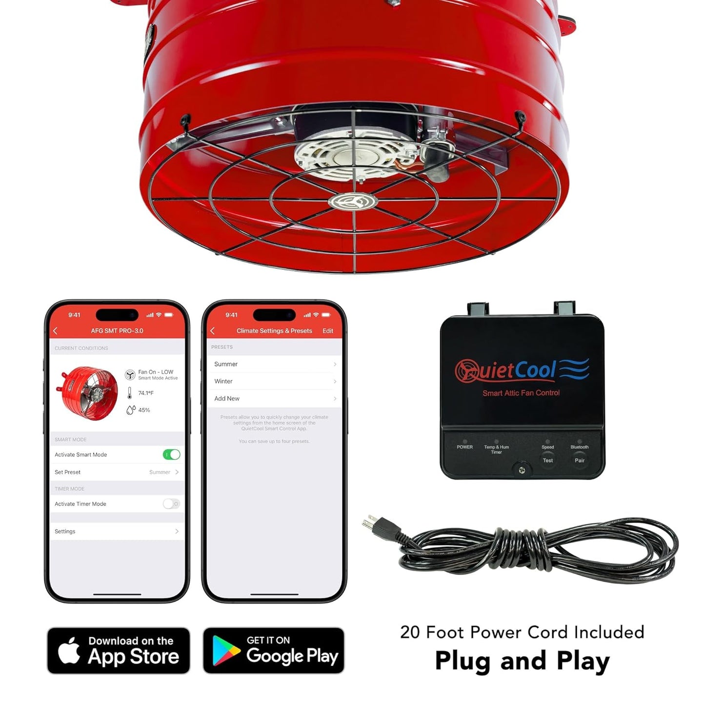 AFG SMT PRO-3.0 Smart Attic Fan for Gable Vents – 2940 CFM High-Performance Cooling – App-Controlled Thermostat & Humidistat – 20ft Power Cord, Plug-and-Play, Dual Speed