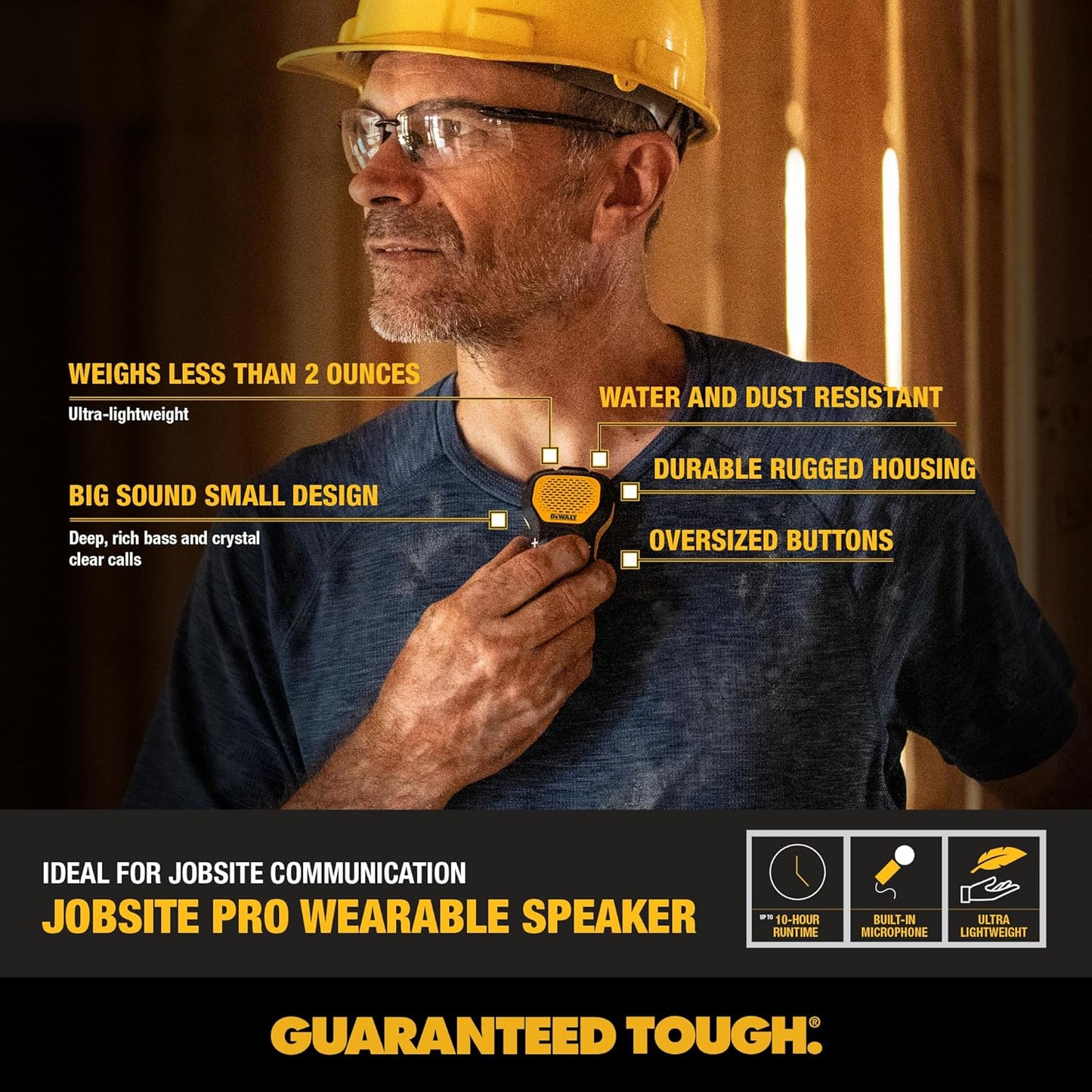 Wearable Bluetooth Speaker (Updated Version), Clip-On Wireless Jobsite Pro Water-Resistant Portable Speaker (Non-Magnetic), Built-In Mic for Hands-Free Music/Calls, Bluetooth Speaker (Yellow)
