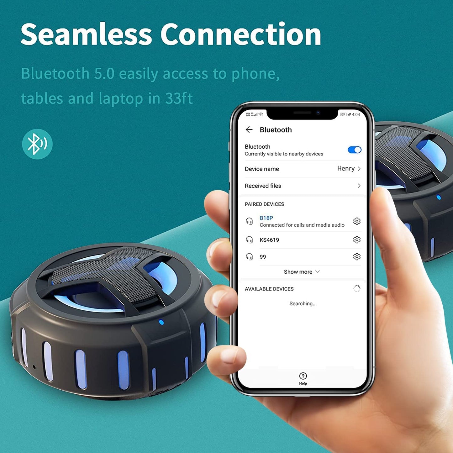 Bluetooth Shower Speaker – Portable IP67 Waterproof Wireless Speaker with LED Light & Floating Design, 2000mAh Battery, True Wireless Stereo for Kayak, Beach & Gifts (Unisex, Black)