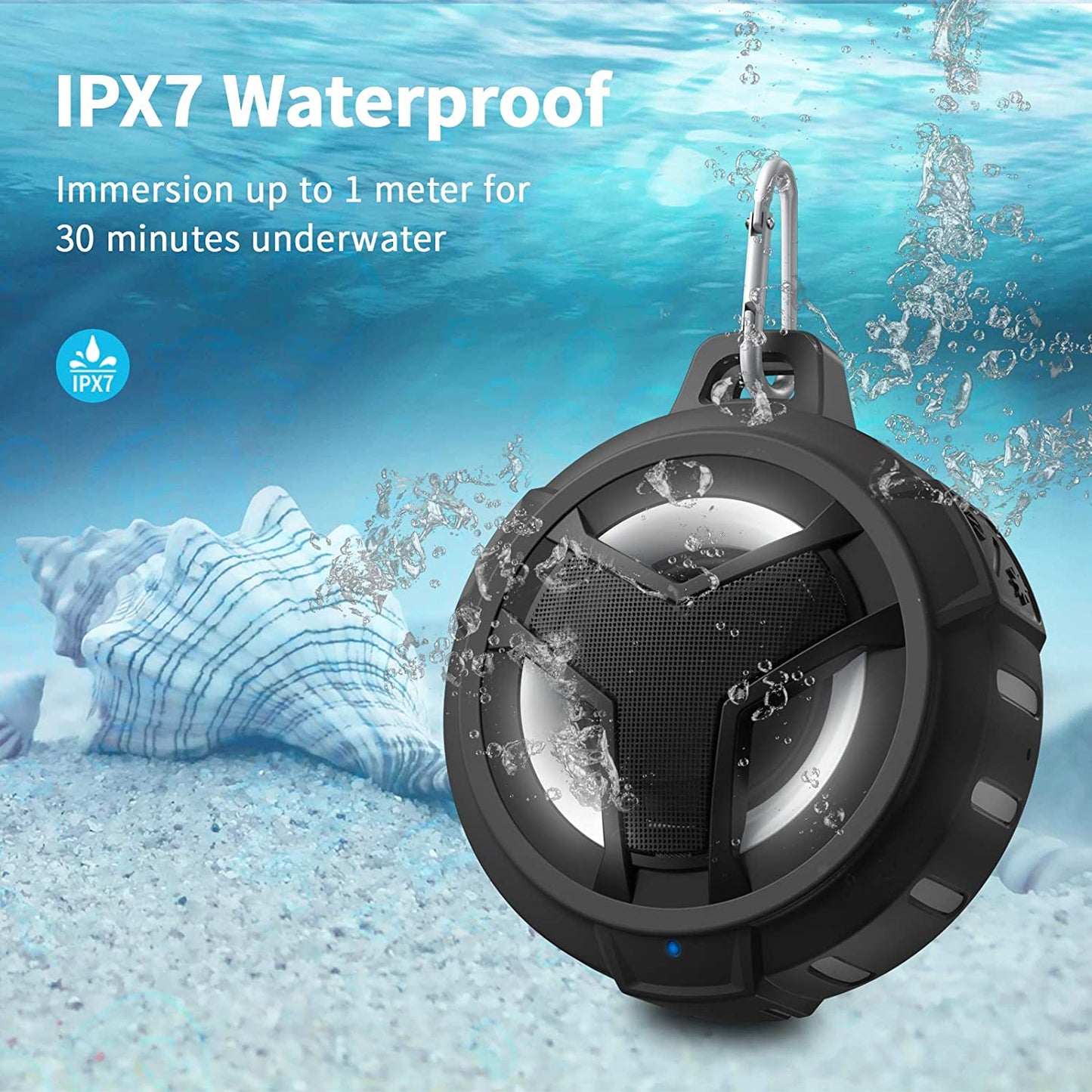 Bluetooth Shower Speaker – Portable IP67 Waterproof Wireless Speaker with LED Light & Floating Design, 2000mAh Battery, True Wireless Stereo for Kayak, Beach & Gifts (Unisex, Black)