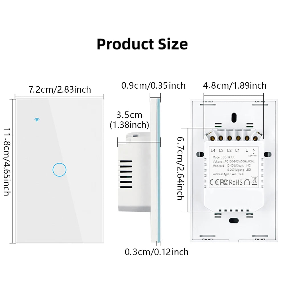 Tuya Smart WiFi Touch Light Switches – 1/2/3/4 Gang, US Neutral Wire & No Neutral Wire Models, Compatible with Alexa & Google Home