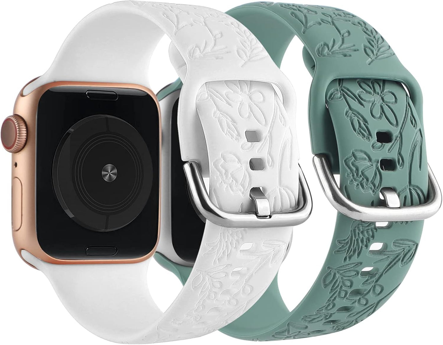 2-Pack Floral Engraved Sport Straps for Apple Watch | Soft Silicone Replacement Bands for 38mm, 40mm & 41mm | Compatible with Series 1-8 & SE