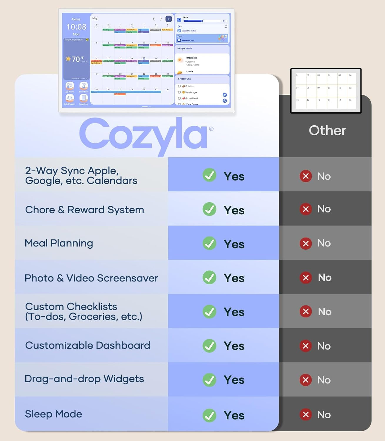 Cozyla 32" Smart Digital Wall Calendar – Touchscreen Family Organizer, Chore Chart, To-Do List, Meal Planner & App-Compatible Tablet (White, Wall Mount Included)