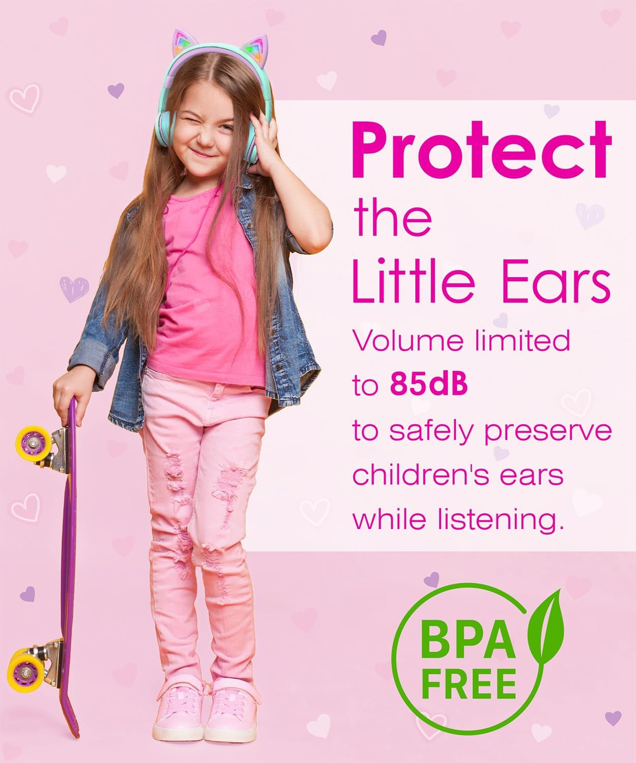 Kids Headphones with LED Cat Ears — Safe 85dB Volume Limit, Soft On-Ear Wired Headphones with Tangle-Free Cable for iPad, Tablet, School & Travel — Teal & Light Purple