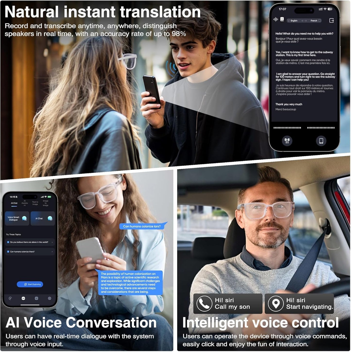 AI-Powered Smart Glasses with Bluetooth & 150+ Language Translation – Stylish Multifunction Glasses for Men & Women (White)
