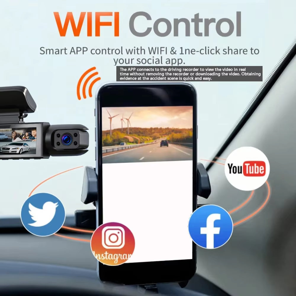 1080P Dual Lens WiFi Dash Cam – Front & Interior Cameras, IR Night Vision, Loop Recording, Wide-Angle Car DVR