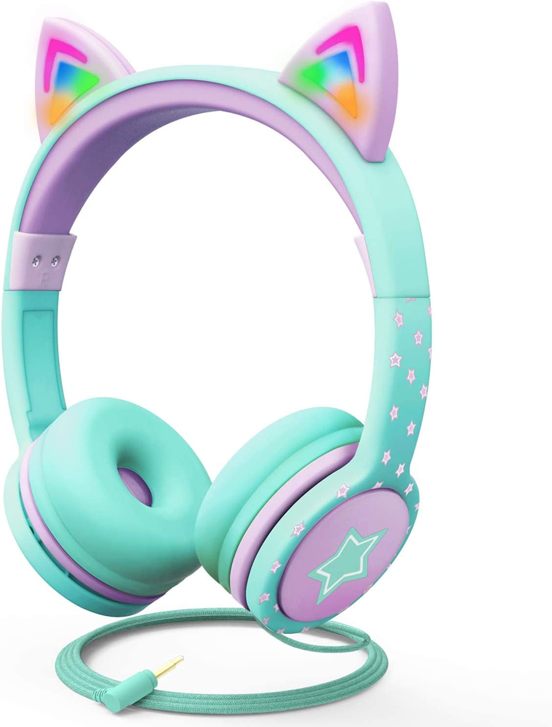 Kids Headphones with LED Cat Ears — Safe 85dB Volume Limit, Soft On-Ear Wired Headphones with Tangle-Free Cable for iPad, Tablet, School & Travel — Teal & Light Purple