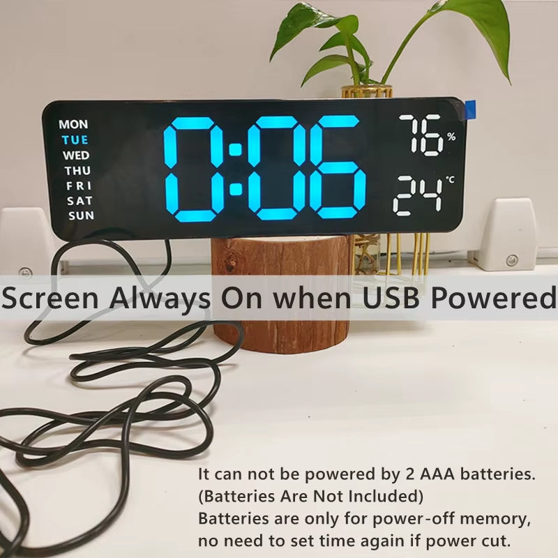 9-Inch Large LED Digital Wall Clock with Temperature, Humidity, Auto-Dimming, DST, USB Powered – Table or Wall Mount, 12/24H Alarm Clock with Week Display
