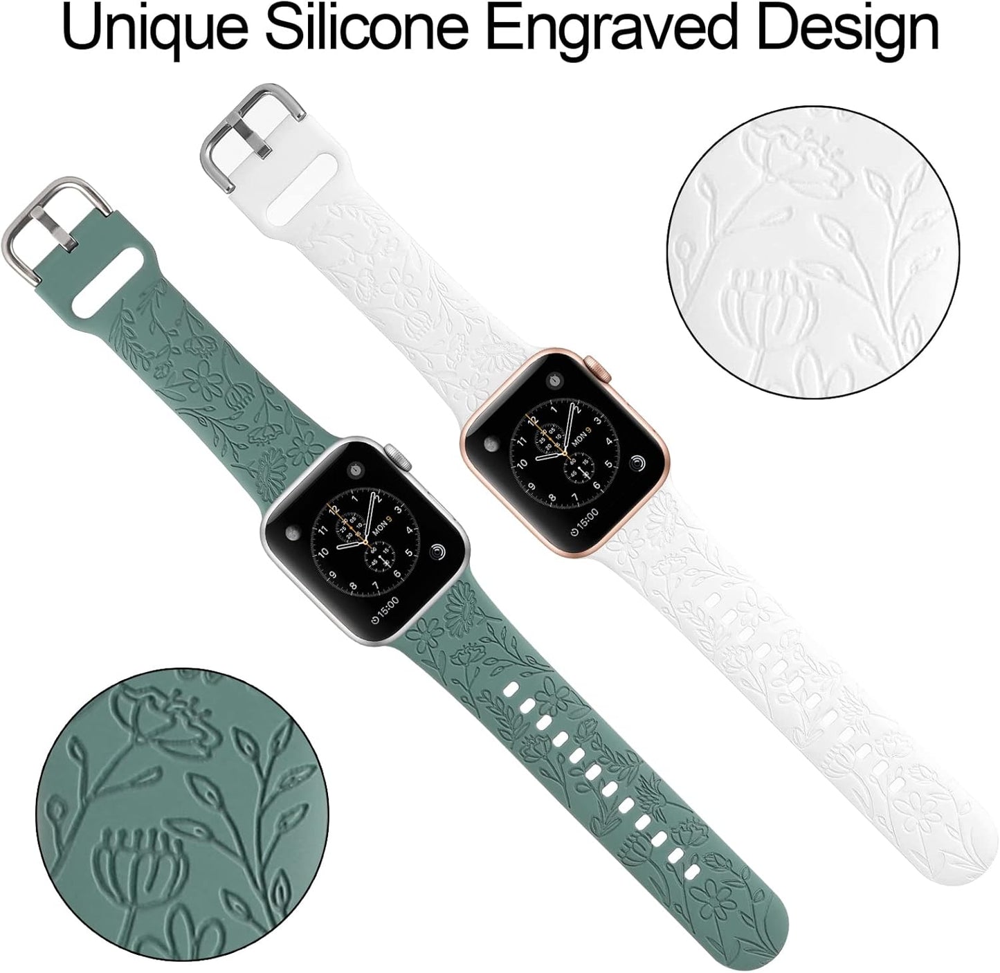 2-Pack Floral Engraved Sport Straps for Apple Watch | Soft Silicone Replacement Bands for 38mm, 40mm & 41mm | Compatible with Series 1-8 & SE
