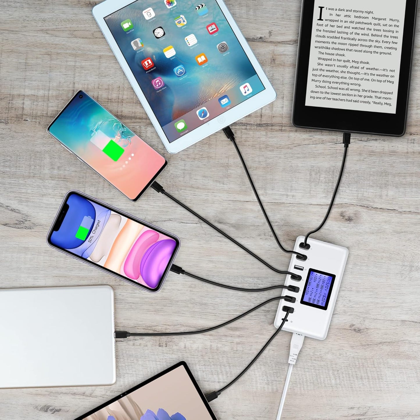 60W 12A 8-Port USB Charger Station with LCD Display – Compact Multi-Port USB Hub for iPhone, iPad, Samsung, Kindle, Tablets & Bluetooth Earbuds