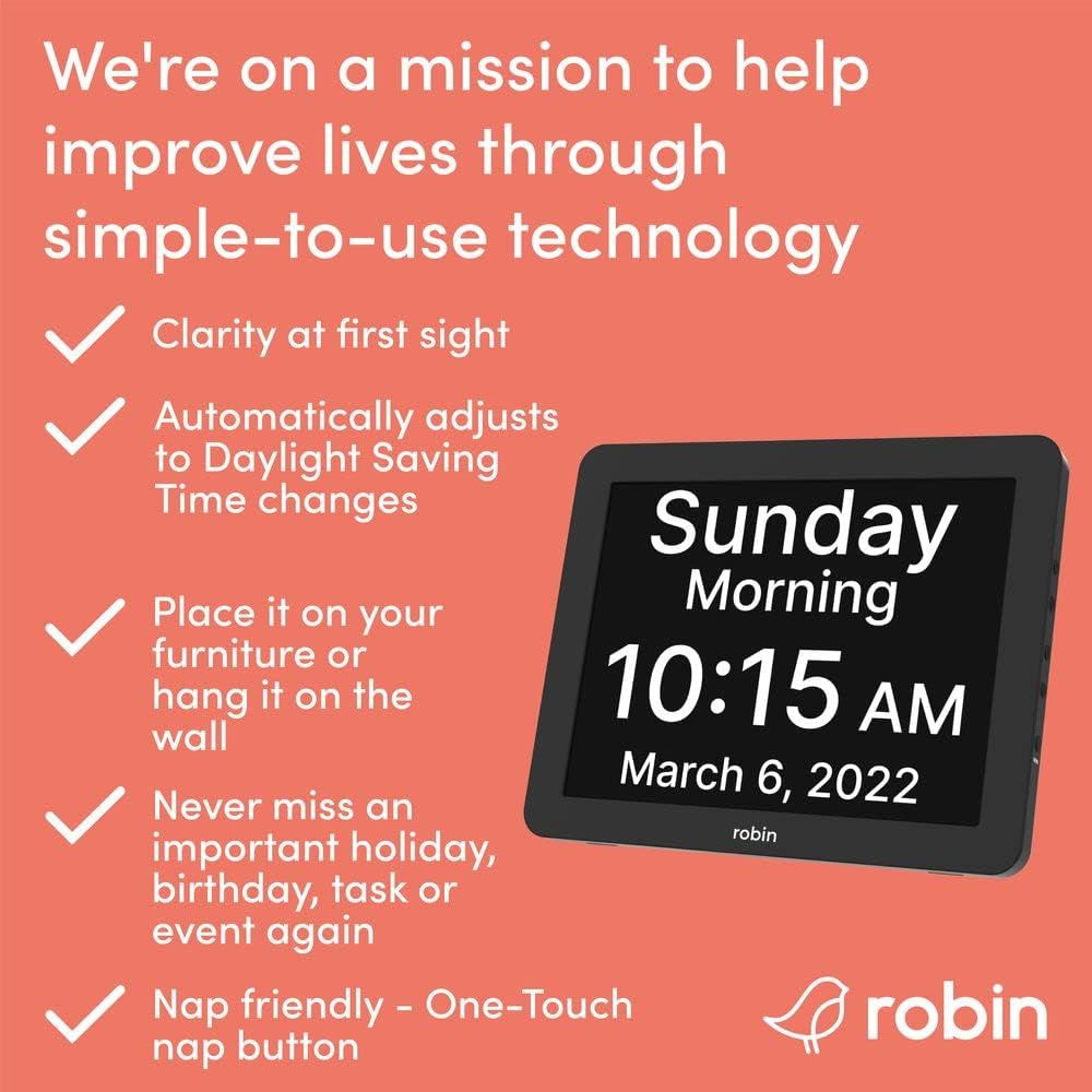 Robin Clarity Clock 2024 – Smart Digital Day & Time Display with Custom Reminders, Alarms & Calendar Alerts for Home, Office & Seniors (Black)