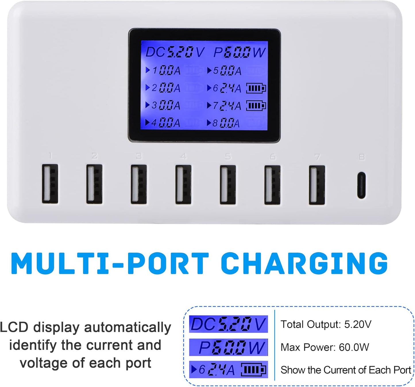 60W 12A 8-Port USB Charger Station with LCD Display – Compact Multi-Port USB Hub for iPhone, iPad, Samsung, Kindle, Tablets & Bluetooth Earbuds