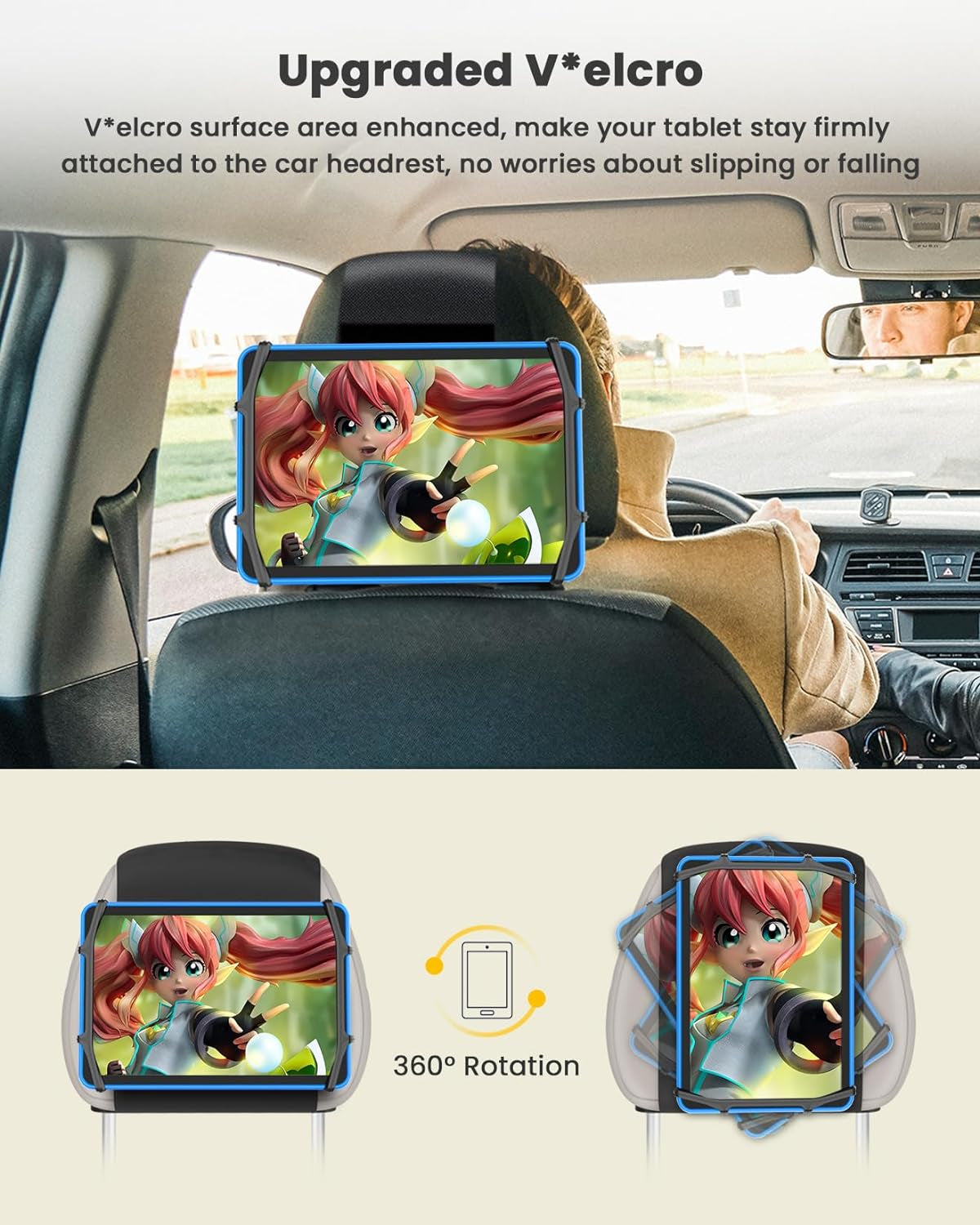 Universal Car Tablet Holder – Upgraded Headrest Mount for Kids | Anti-Slip Strap & Silicone Net Fits 7-12.9" Tablets