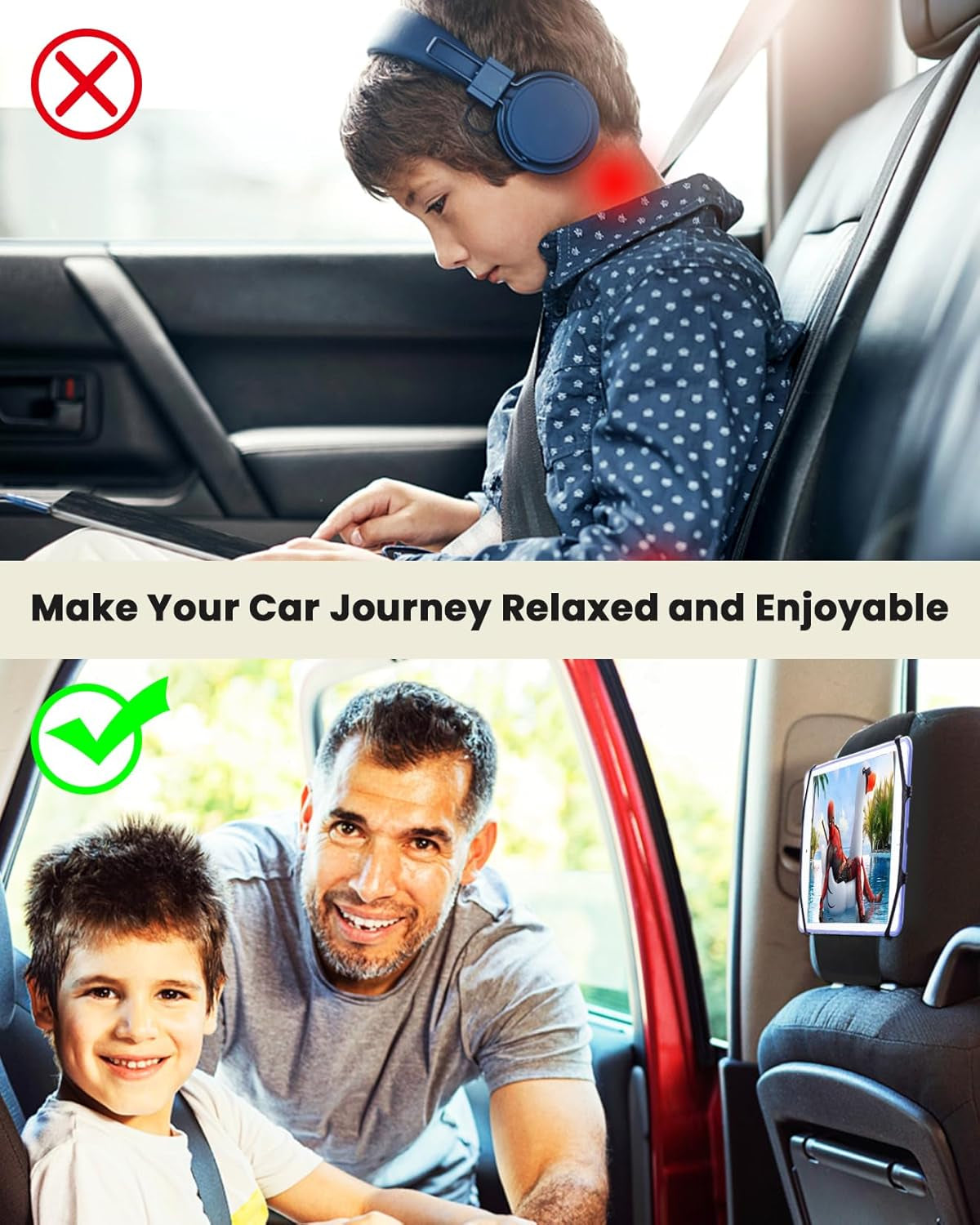 Universal Car Tablet Holder – Upgraded Headrest Mount for Kids | Anti-Slip Strap & Silicone Net Fits 7-12.9" Tablets