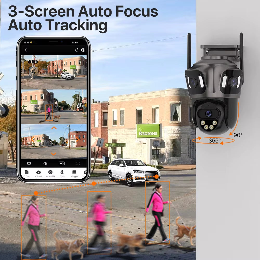 4K Outdoor WiFi Security Camera with Triple Screen, Dual Lens PTZ, AI Human Detection, IP66 Waterproof, Compatible with iCSee