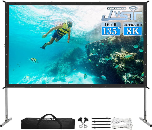 135-Inch Projector Screen with Stand – Upgraded 3-Layer PVC, 16:9 HD Outdoor Movie Screen with Carrying Bag | Portable for Backyard, Home Theater, Camping, and Events