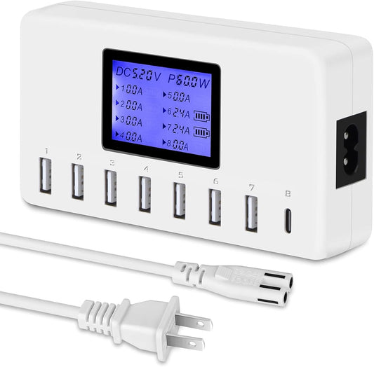 60W 12A 8-Port USB Charger Station with LCD Display – Compact Multi-Port USB Hub for iPhone, iPad, Samsung, Kindle, Tablets & Bluetooth Earbuds
