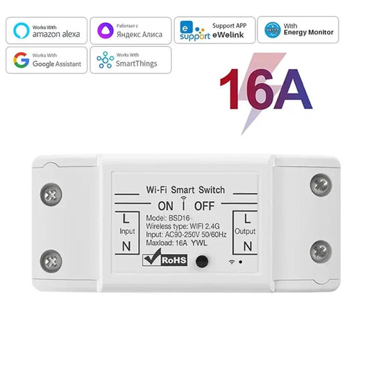 16A WiFi Smart Switch - Wireless Relay Breaker with Remote & Voice Control, Compatible with Alexa, Google Home & eWeLink