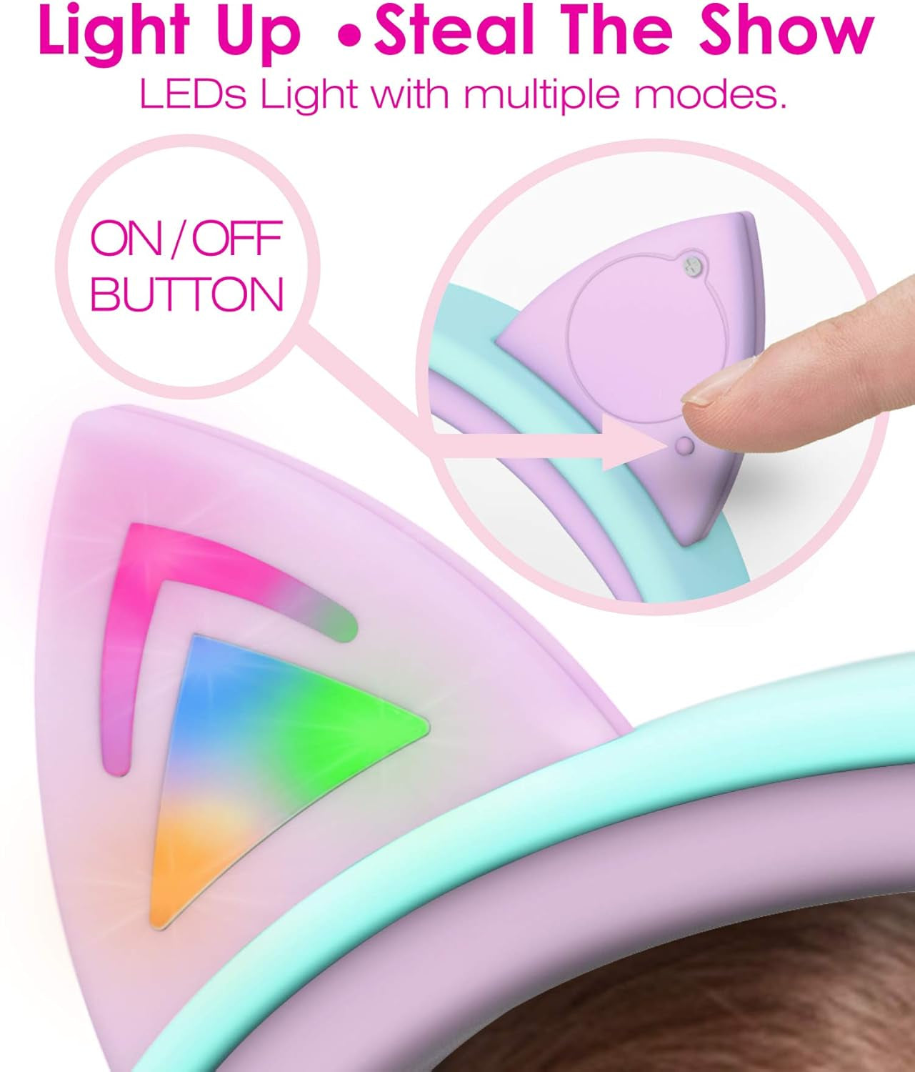 Kids Headphones with LED Cat Ears — Safe 85dB Volume Limit, Soft On-Ear Wired Headphones with Tangle-Free Cable for iPad, Tablet, School & Travel — Teal & Light Purple