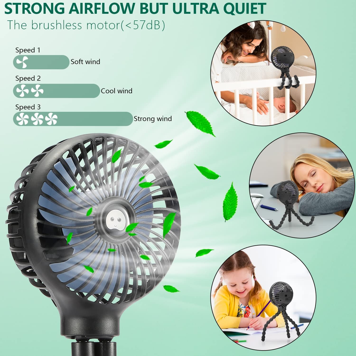 Mini Handheld Personal Portable Fan – USB & Battery Powered with Flexible Tripod Clip for Baby Strollers, Car Seats, Desks, Bikes, Cribs & Outdoor Use (Black)
