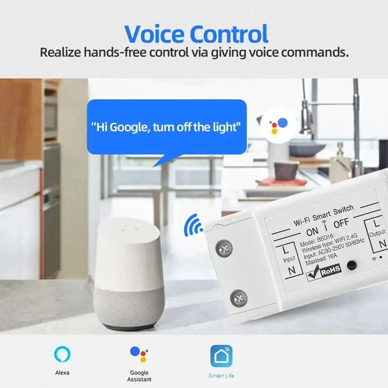 16A WiFi Smart Switch - Wireless Relay Breaker with Remote & Voice Control, Compatible with Alexa, Google Home & eWeLink