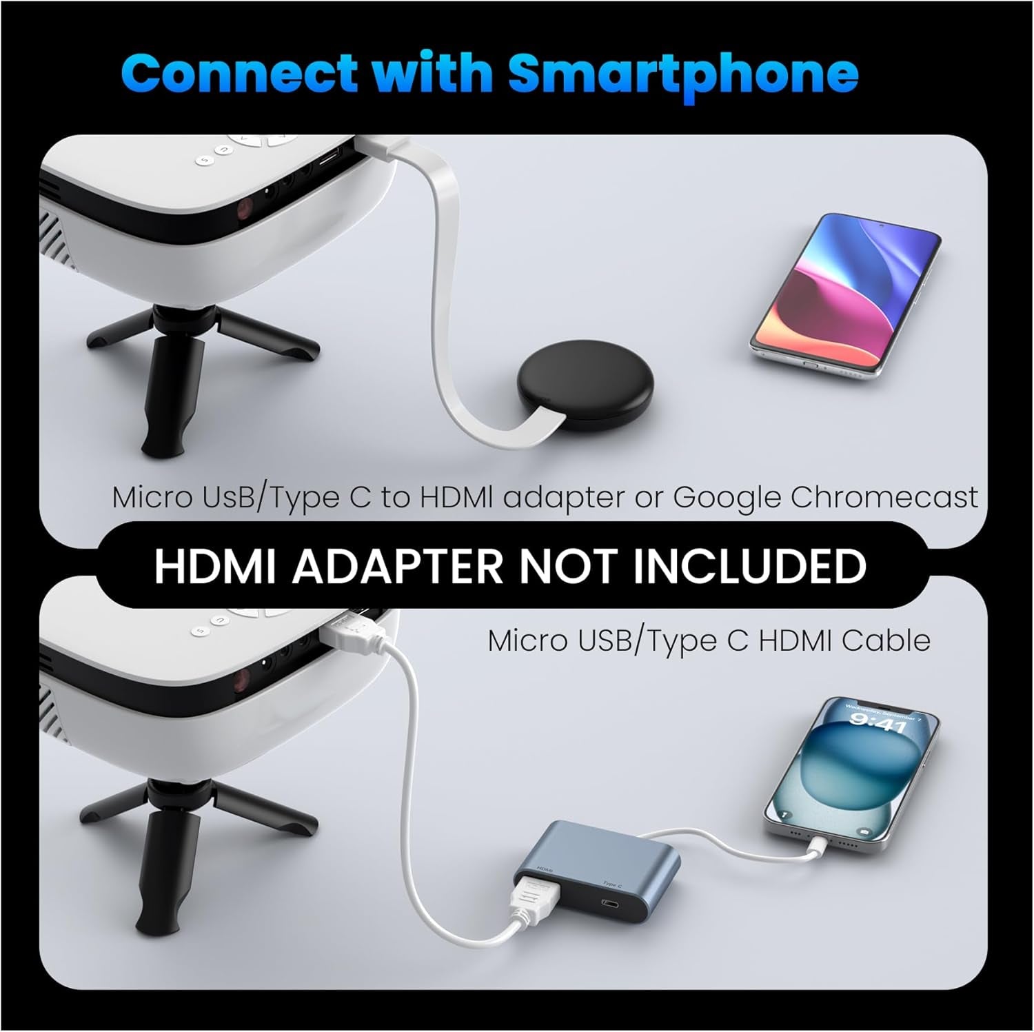 Mini Portable Projector with Tripod – 1080P HD & 200" Display Support, Home Theater Projector Compatible with TV Stick, Phone, PS5, HDMI, USB – Indoor/Outdoor Use