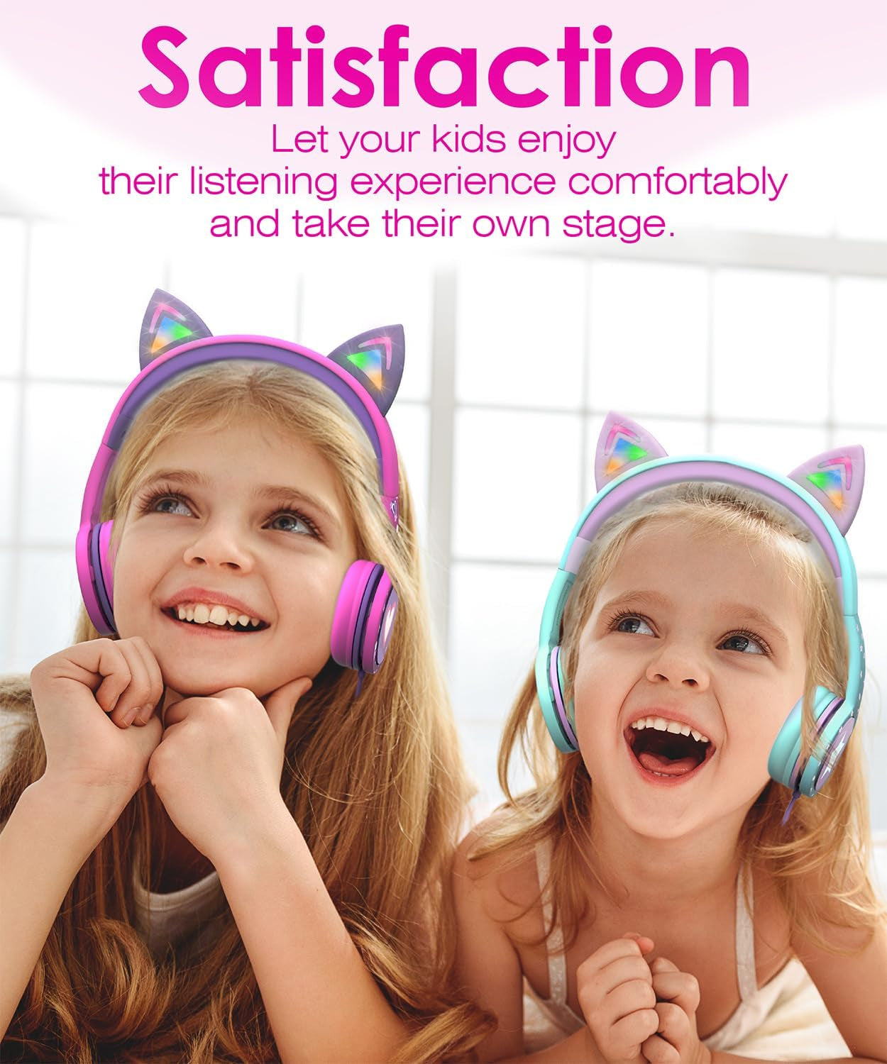 Kids Headphones with LED Cat Ears — Safe 85dB Volume Limit, Soft On-Ear Wired Headphones with Tangle-Free Cable for iPad, Tablet, School & Travel — Teal & Light Purple