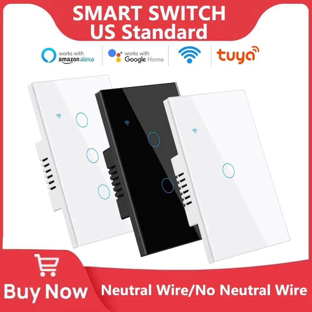 Tuya Smart WiFi Touch Light Switches – 1/2/3/4 Gang, US Neutral Wire & No Neutral Wire Models, Compatible with Alexa & Google Home