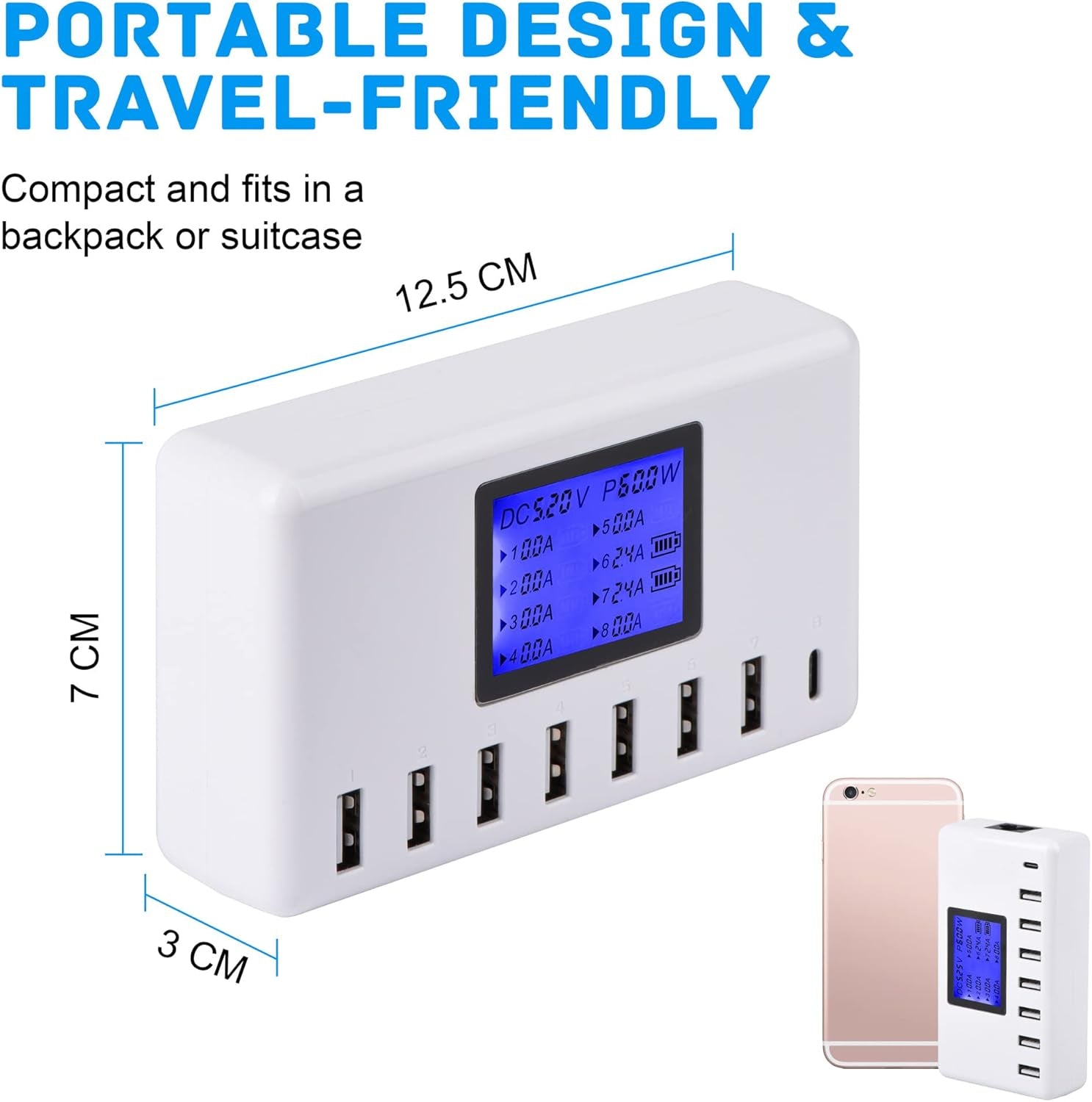 60W 12A 8-Port USB Charger Station with LCD Display – Compact Multi-Port USB Hub for iPhone, iPad, Samsung, Kindle, Tablets & Bluetooth Earbuds