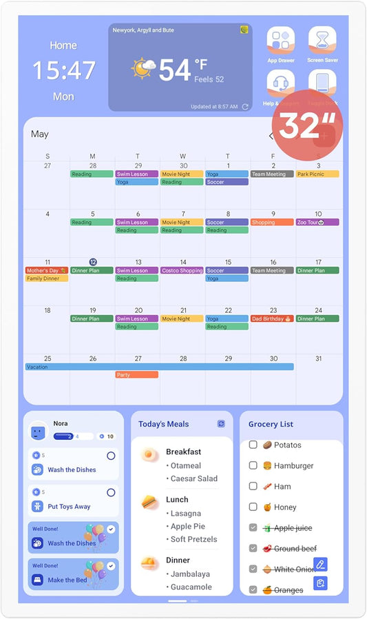Cozyla 32" Smart Digital Wall Calendar – Touchscreen Family Organizer, Chore Chart, To-Do List, Meal Planner & App-Compatible Tablet (White, Wall Mount Included)