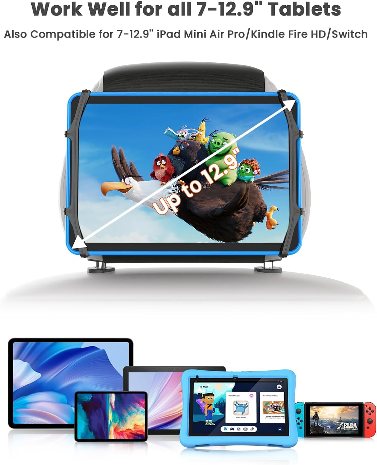 Universal Car Tablet Holder – Upgraded Headrest Mount for Kids | Anti-Slip Strap & Silicone Net Fits 7-12.9" Tablets
