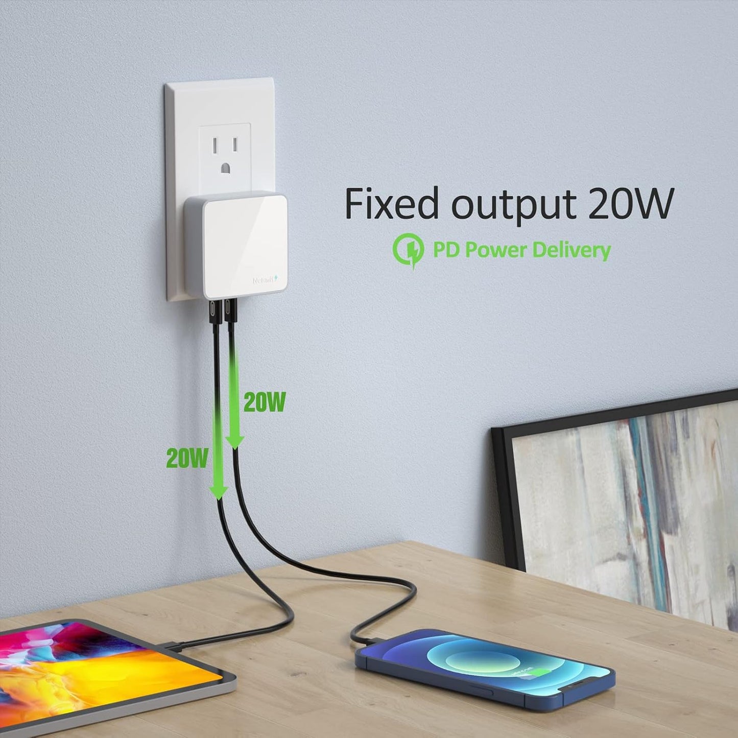 USB-C 52W Fast Wall Charger – Slim 4-Port Design with Two 20W Power Delivery & 2 USB-A Ports for iPhone 14 Series, Galaxy, Pixel, iPad Pro, AirPods & More