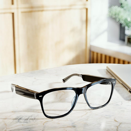 Echo Frames (Latest Model) – Smart Glasses with Alexa Built-In, Square Classic Black Frames with Blue Light Filtering Lenses