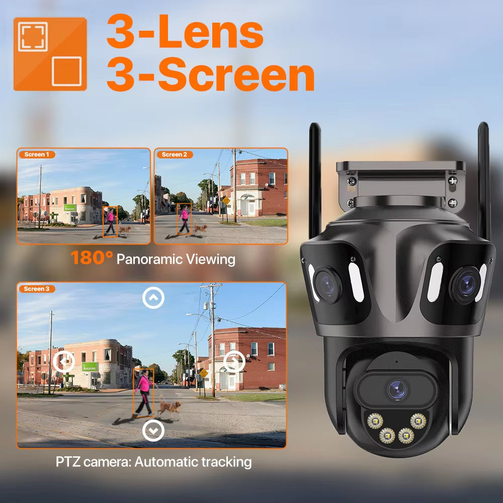 4K Outdoor WiFi Security Camera with Triple Screen, Dual Lens PTZ, AI Human Detection, IP66 Waterproof, Compatible with iCSee