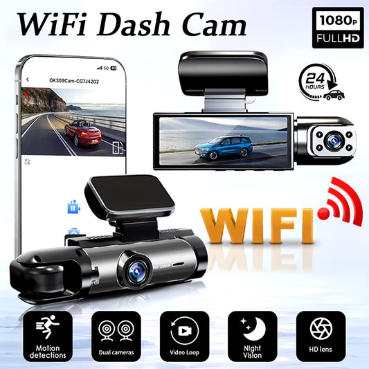 1080P Dual Lens WiFi Dash Cam – Front & Interior Cameras, IR Night Vision, Loop Recording, Wide-Angle Car DVR