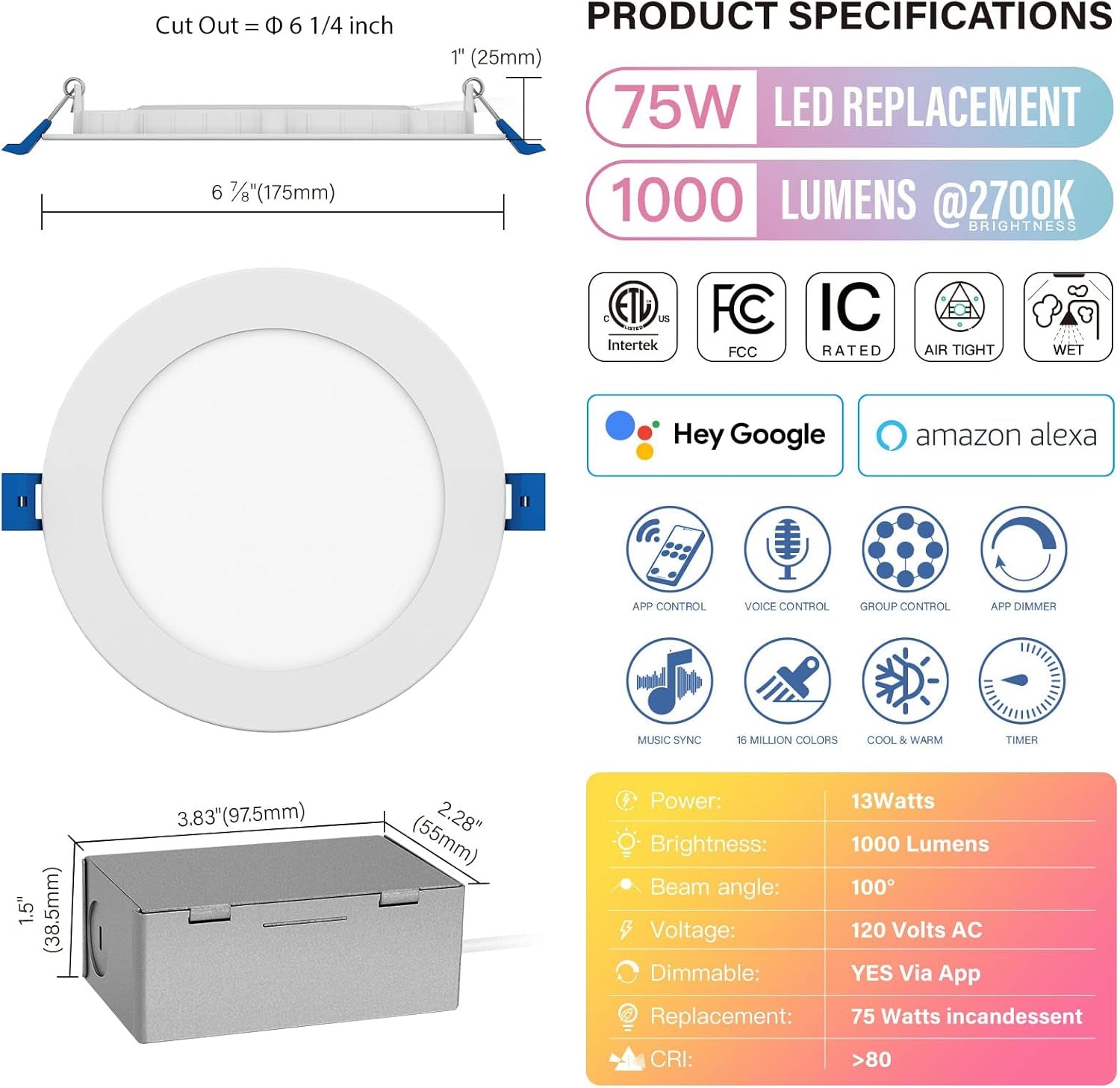 6" LED Smart Slim Recessed Pot Light – Wifi & Voice Control, 13W 1000LM, RGB + Tunable White (2700K-6000K), ETL/FCC/IC Certified, Wet Location, Alexa & Google Home Compatible – 4 Pack