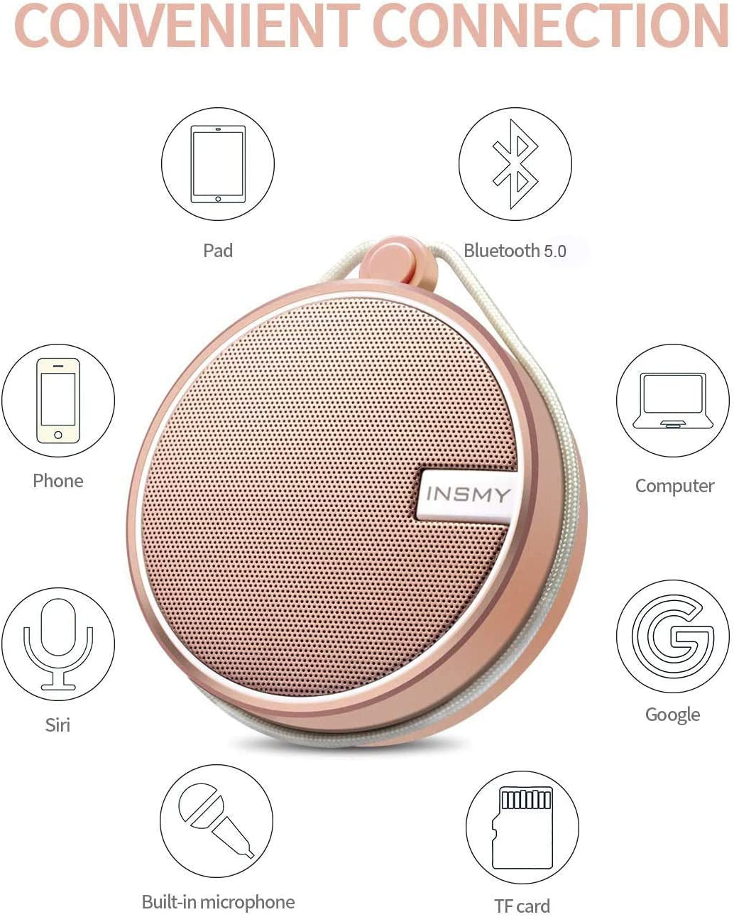 C12 IPX7 Waterproof Bluetooth Shower Speaker – Portable Wireless Speaker with Loud, Clear Sound, TF Card Support & Suction Cup – Perfect for Outdoor, Kayak, Beach (Cashmere Pink)
