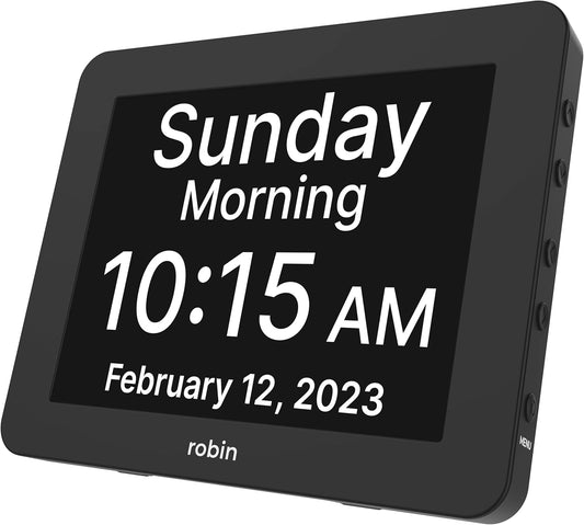 Robin Clarity Clock 2024 – Smart Digital Day & Time Display with Custom Reminders, Alarms & Calendar Alerts for Home, Office & Seniors (Black)