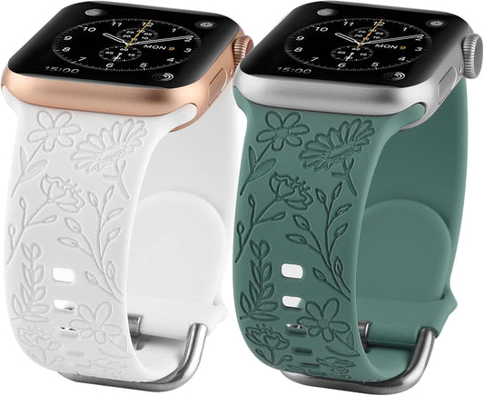  2-Pack Floral Engraved Sport Straps for Apple Watch | Soft Silicone Replacement Bands for 38mm, 40mm & 41mm | Compatible with Series 1-8 & SE