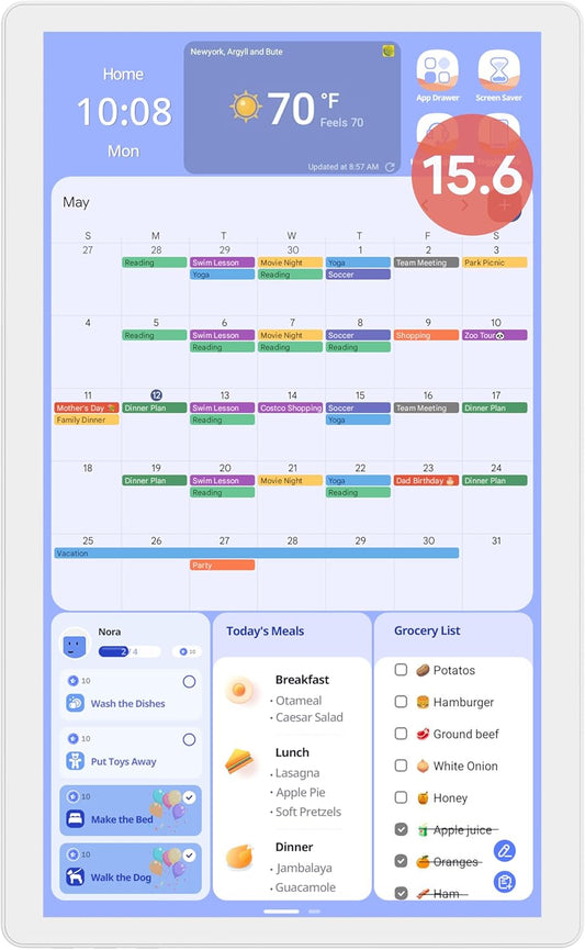 Cozyla 15.6" Android Tablet Wall Calendar – Touchscreen Digital Chore Chart, To-Do List & Meal Planner with Stand & Wall Mount, Supports All Google Play Apps (White)