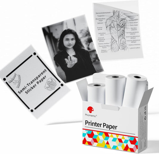 Semitransparent Glossy Thermal Sticker Paper, Self-Adhesive Labels for M02/M02 Pro/M02S/P2S/M03/M04S Mini Printer, 50mm x 3.5m, 28mm Core Diameter, 3 Rolls