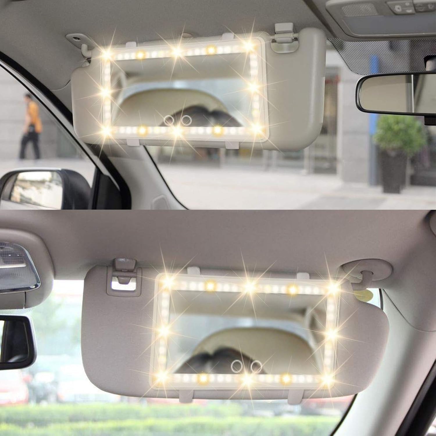 Car Vanity Mirror with 60 LED Lights, Rechargeable Sun Visor Mirror with 3 Light Modes & Touch Dimming – Universal Fit Makeup Mirror for Car, SUV, Truck – Accessories for Women & Girls (White)