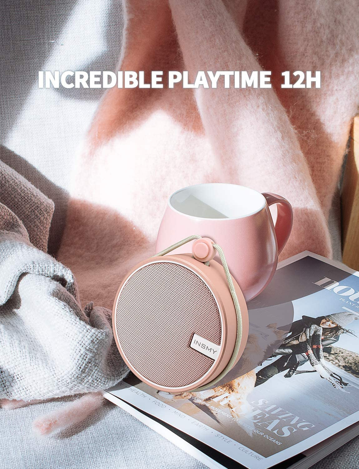 C12 IPX7 Waterproof Bluetooth Shower Speaker – Portable Wireless Speaker with Loud, Clear Sound, TF Card Support & Suction Cup – Perfect for Outdoor, Kayak, Beach (Cashmere Pink)