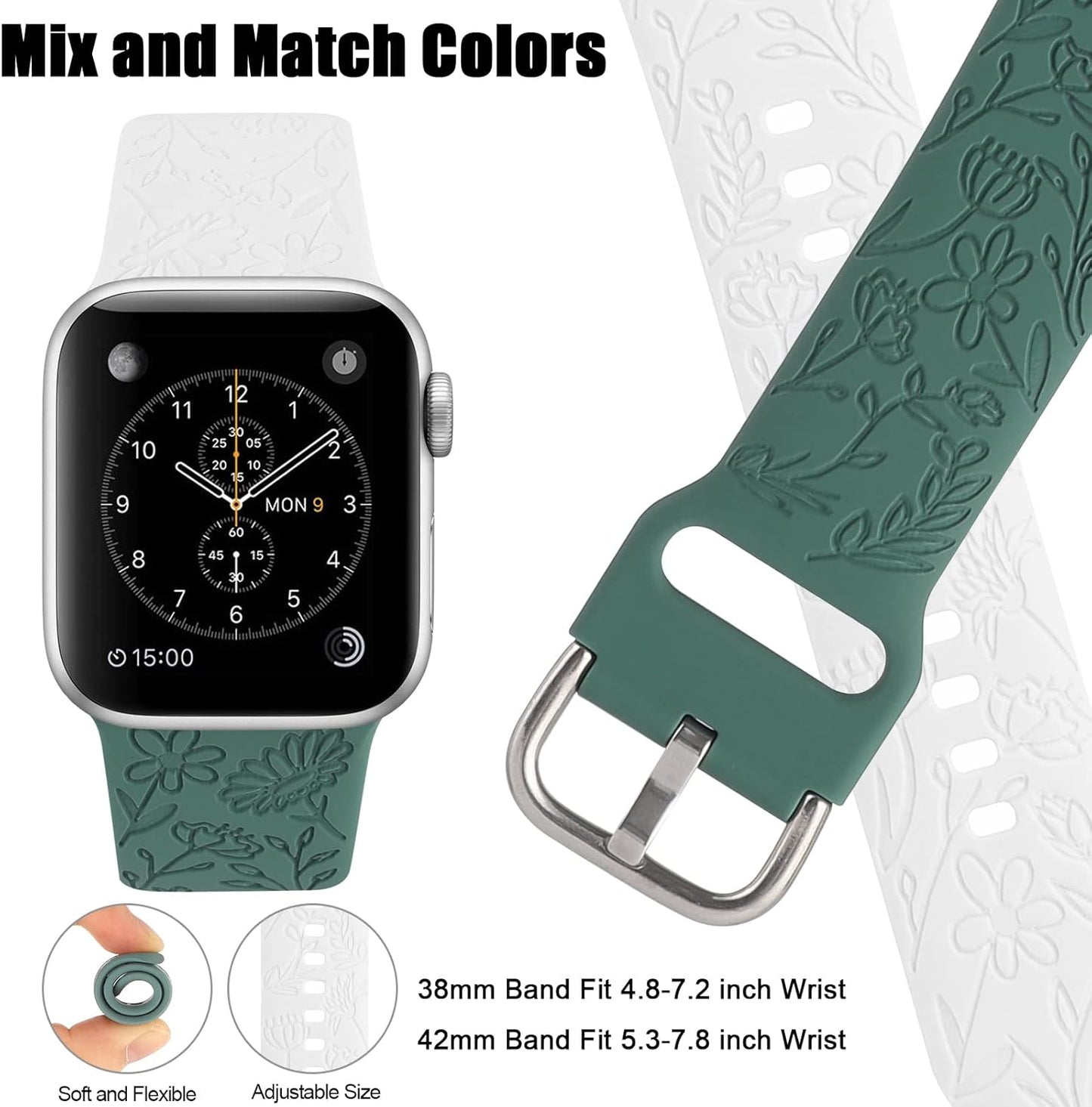  2-Pack Floral Engraved Sport Straps for Apple Watch | Soft Silicone Replacement Bands for 38mm, 40mm & 41mm | Compatible with Series 1-8 & SE