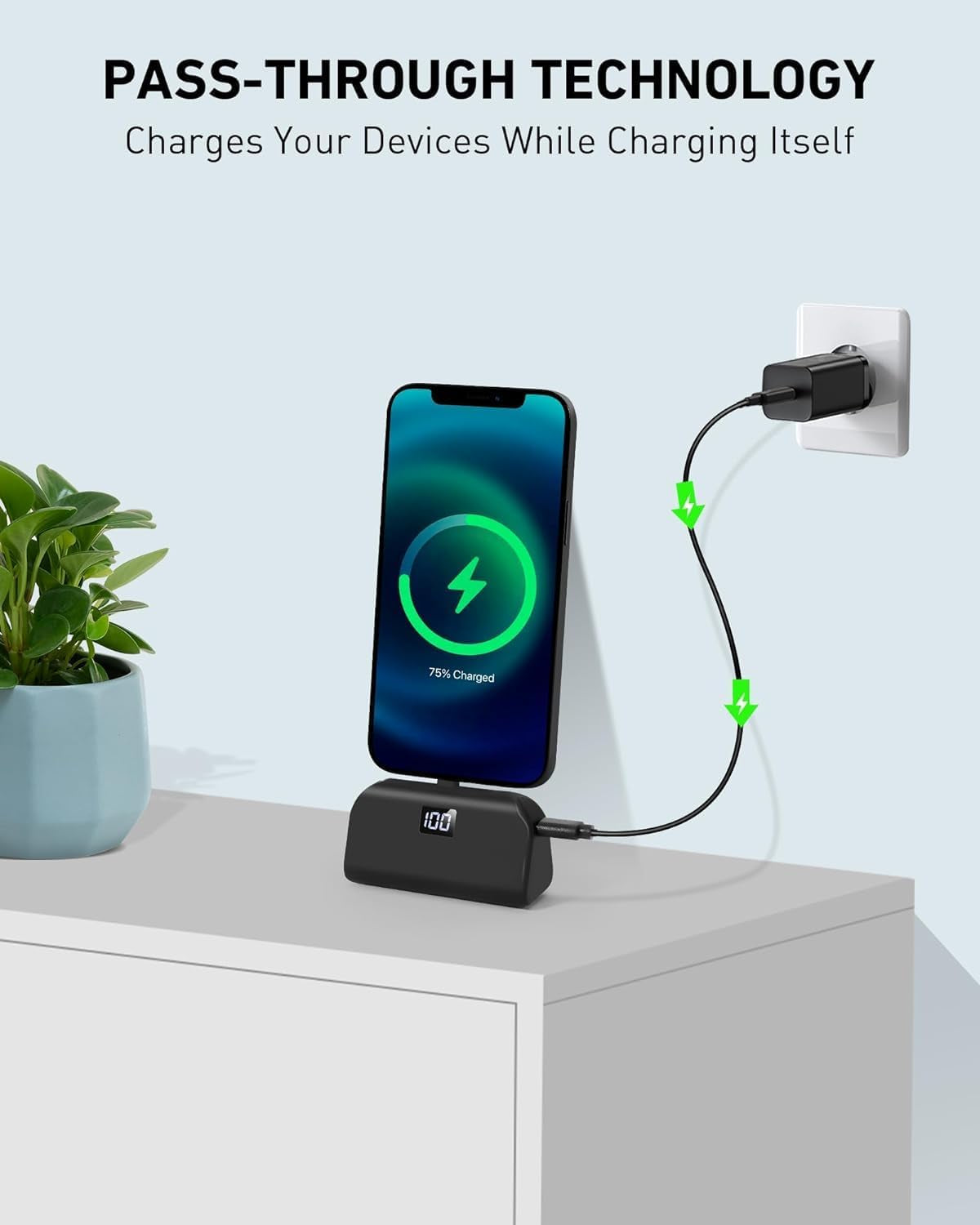 Mini Portable iPhone Charger with Built-in Lightning Cable – 4,800mAh Fast Charging Power Bank – Ultra-Compact Battery Pack for iPhone 14/13/12/11/XR/X/8/7/6 – Black