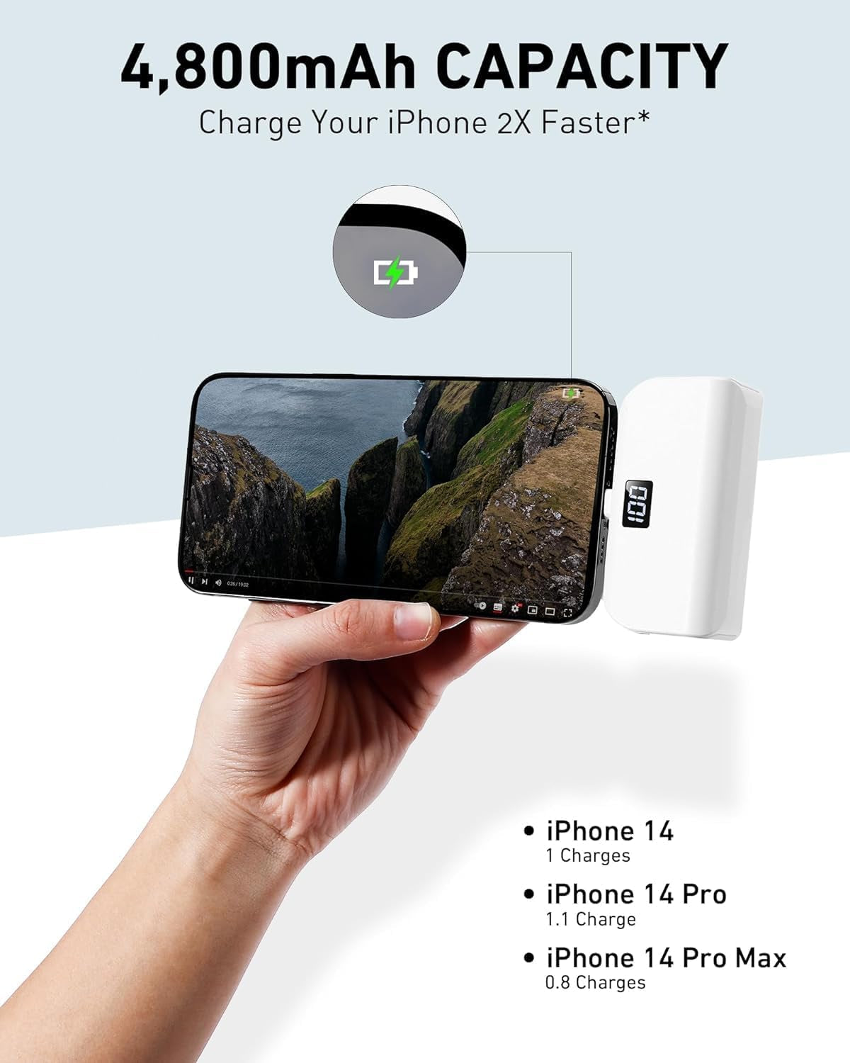Mini Portable iPhone Charger with Built-in Lightning Cable – 4,800mAh Fast Charging Power Bank – Ultra-Compact Battery Pack for iPhone 14/13/12/11/XR/X/8/7/6 – Black