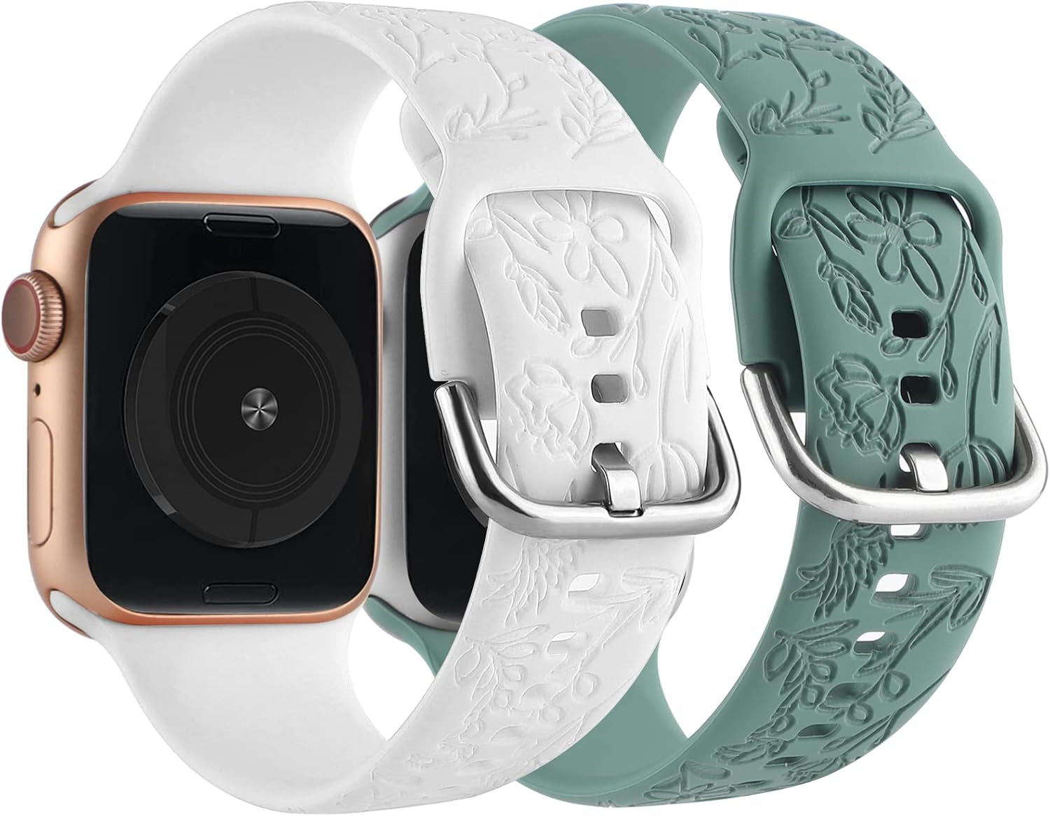  2-Pack Floral Engraved Sport Straps for Apple Watch | Soft Silicone Replacement Bands for 38mm, 40mm & 41mm | Compatible with Series 1-8 & SE