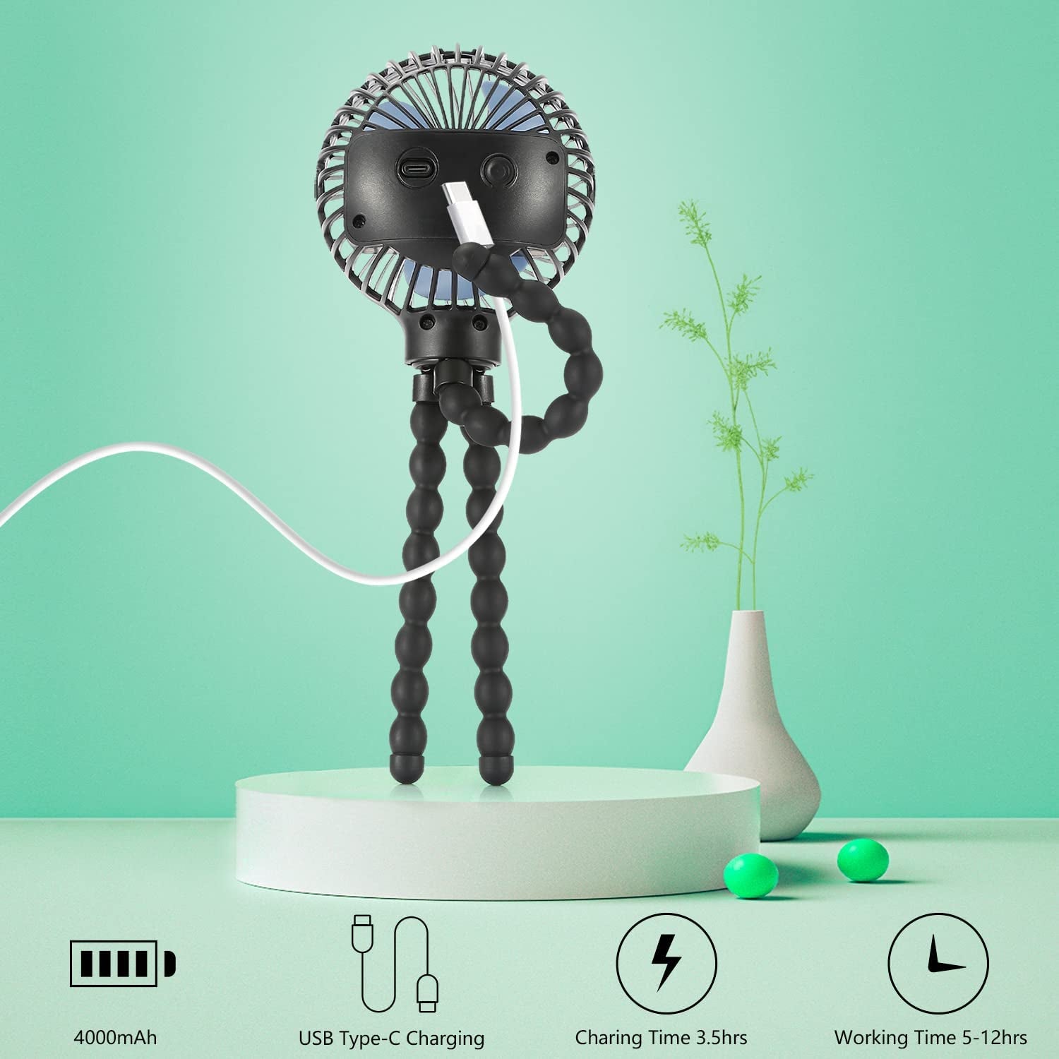 Mini Handheld Personal Portable Fan – USB & Battery Powered with Flexible Tripod Clip for Baby Strollers, Car Seats, Desks, Bikes, Cribs & Outdoor Use (Black)